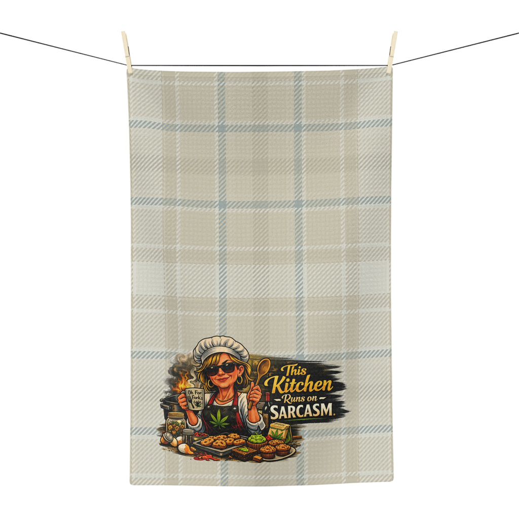 Sarcastic Chef Plaid Tea Towel — "This Kitchen Runs on Sarcasm" Microfiber