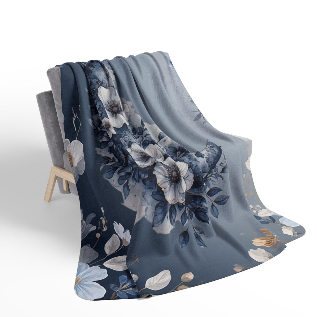 Moon Floral Sherpa Blanket — Blue Crescent Floral Fleece Throw