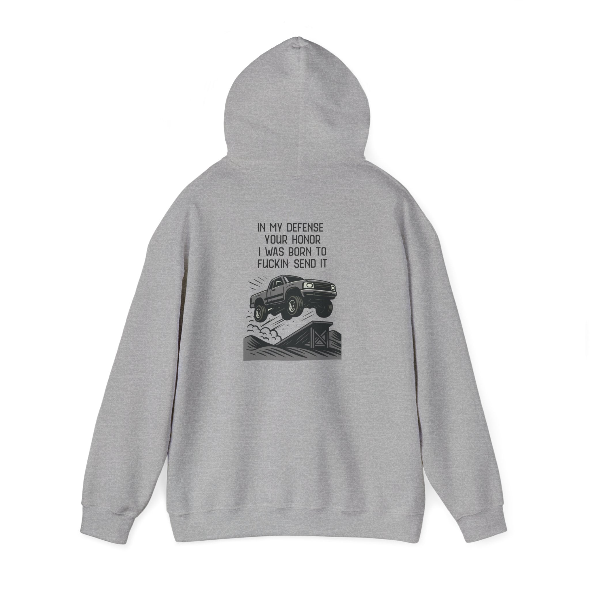 Hoodie — "In My Defense Your Honor" Truck Jump Graphic Pullover