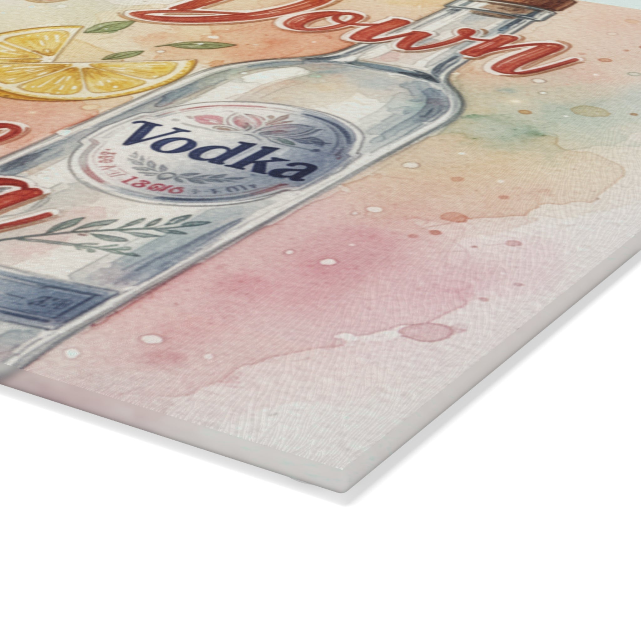 Glass Cutting Board - "Settle Down It's Vodka" Watercolor Bottle & Lemon Kitchen Decor
