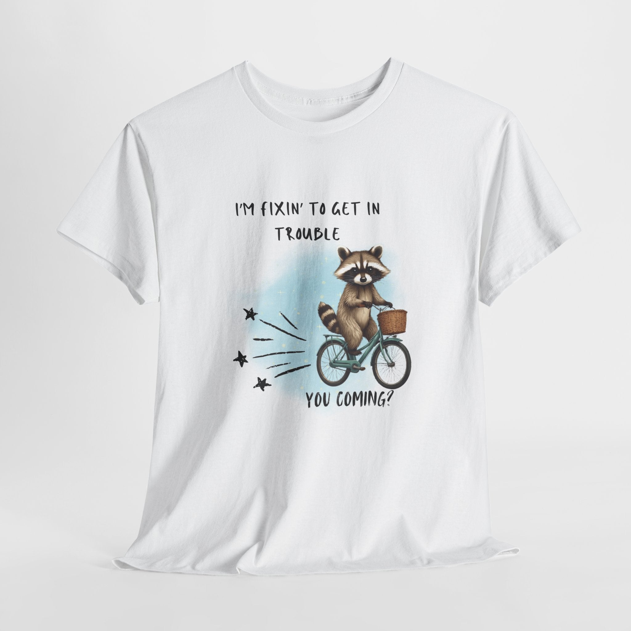 Raccoon on Bicycle Tee - "I'm Fixin' to Get in Trouble, You Coming?" Cute Funny Graphic T-Shirt