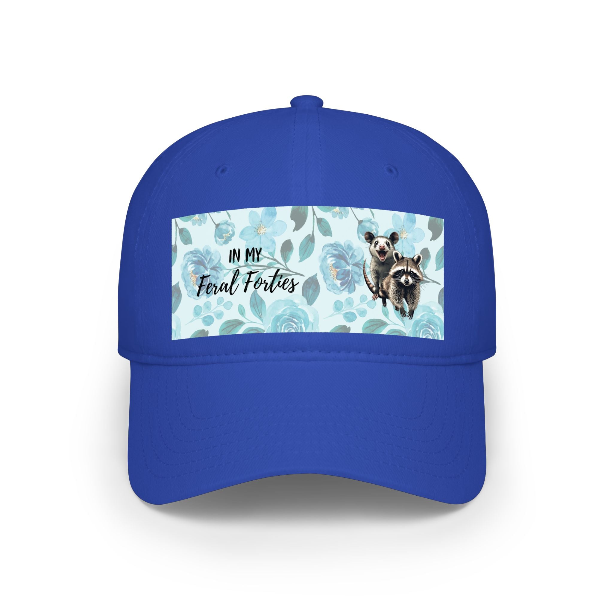 Baseball Cap - "In My Feral Forties" Floral Design with Raccoon & Possum Illustration