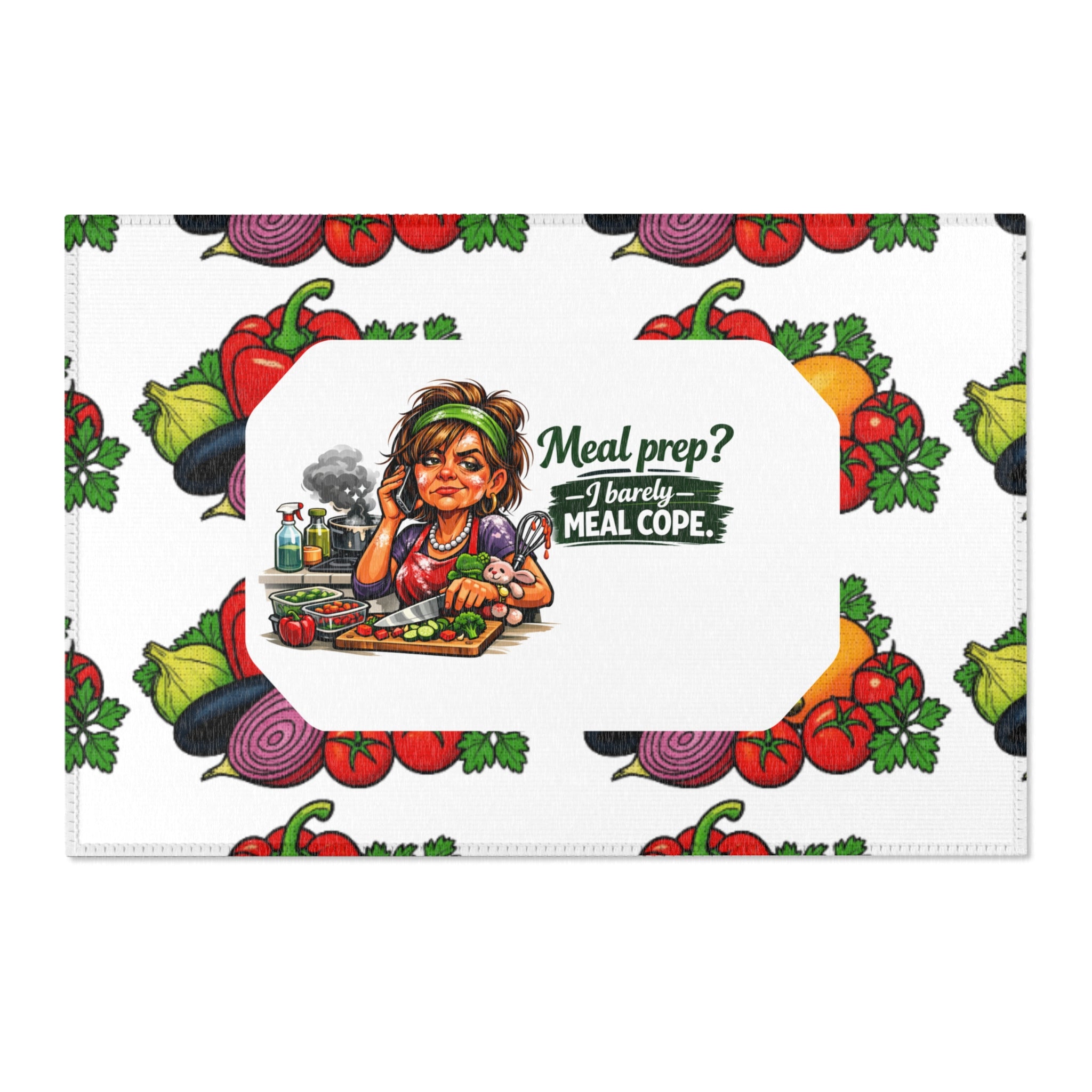 Meal Prep Area Rug — Funny 'Meal Prep? I Barely Meal Cope' Kitchen Mat with Veggie Pattern