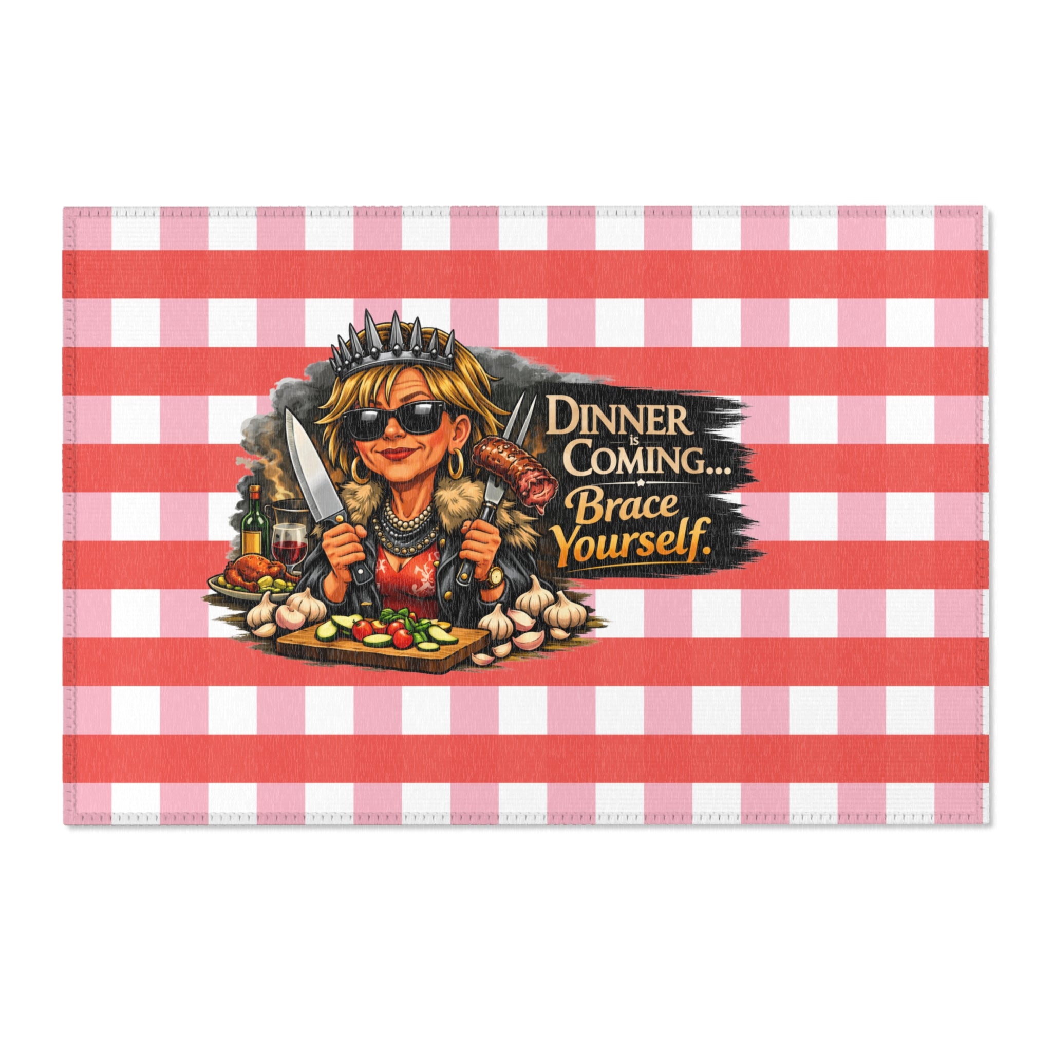 Area Rug — 'Dinner Is Coming… Brace Yourself' Kitchen Checkered Accent Rug