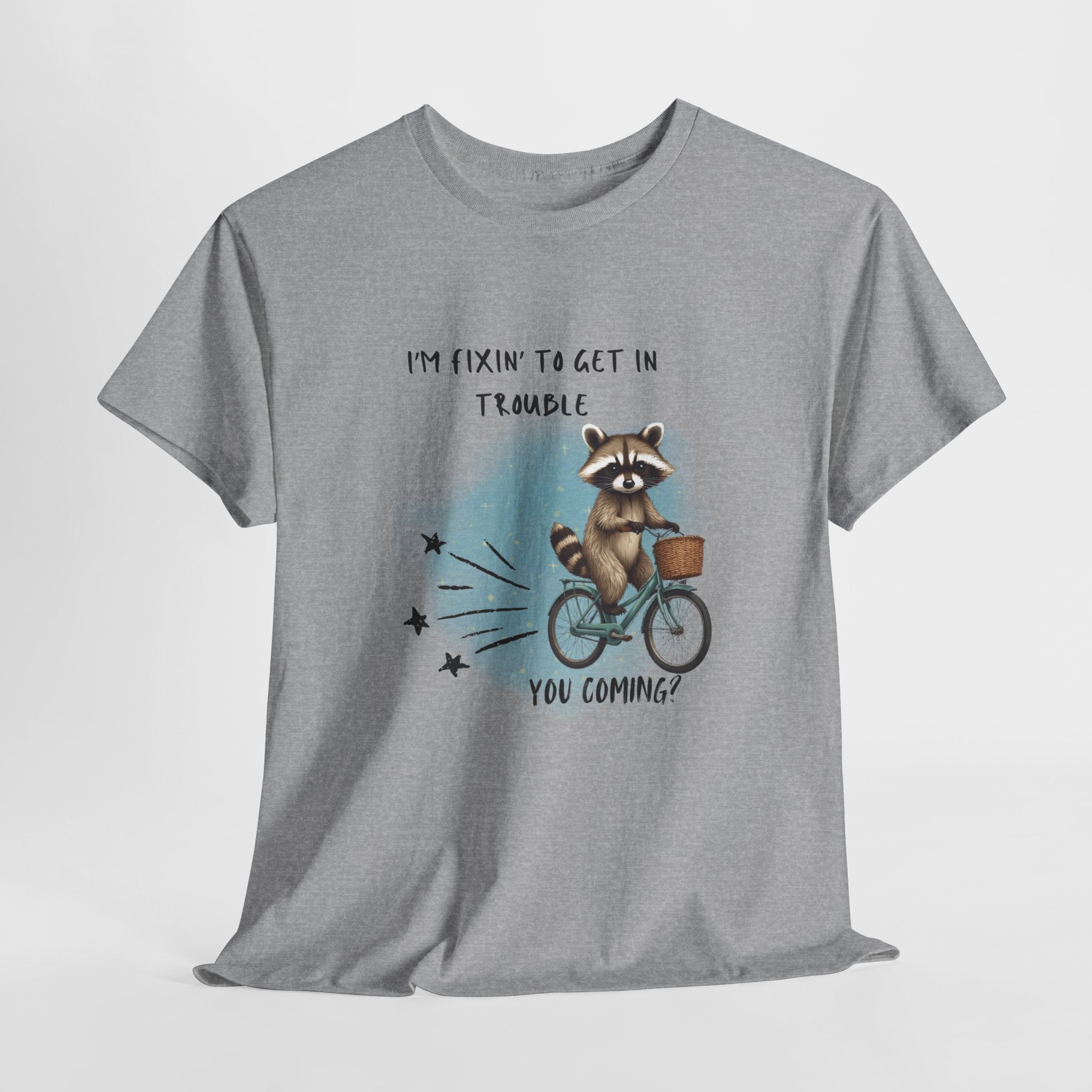 Raccoon on Bicycle Tee - "I'm Fixin' to Get in Trouble, You Coming?" Cute Funny Graphic T-Shirt