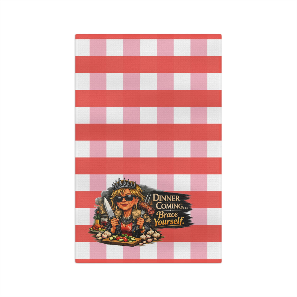 Dinner is Coming Tea Towel — Red Gingham Kitchen Towel with 'Dinner is Coming... Brace Yourself' Design
