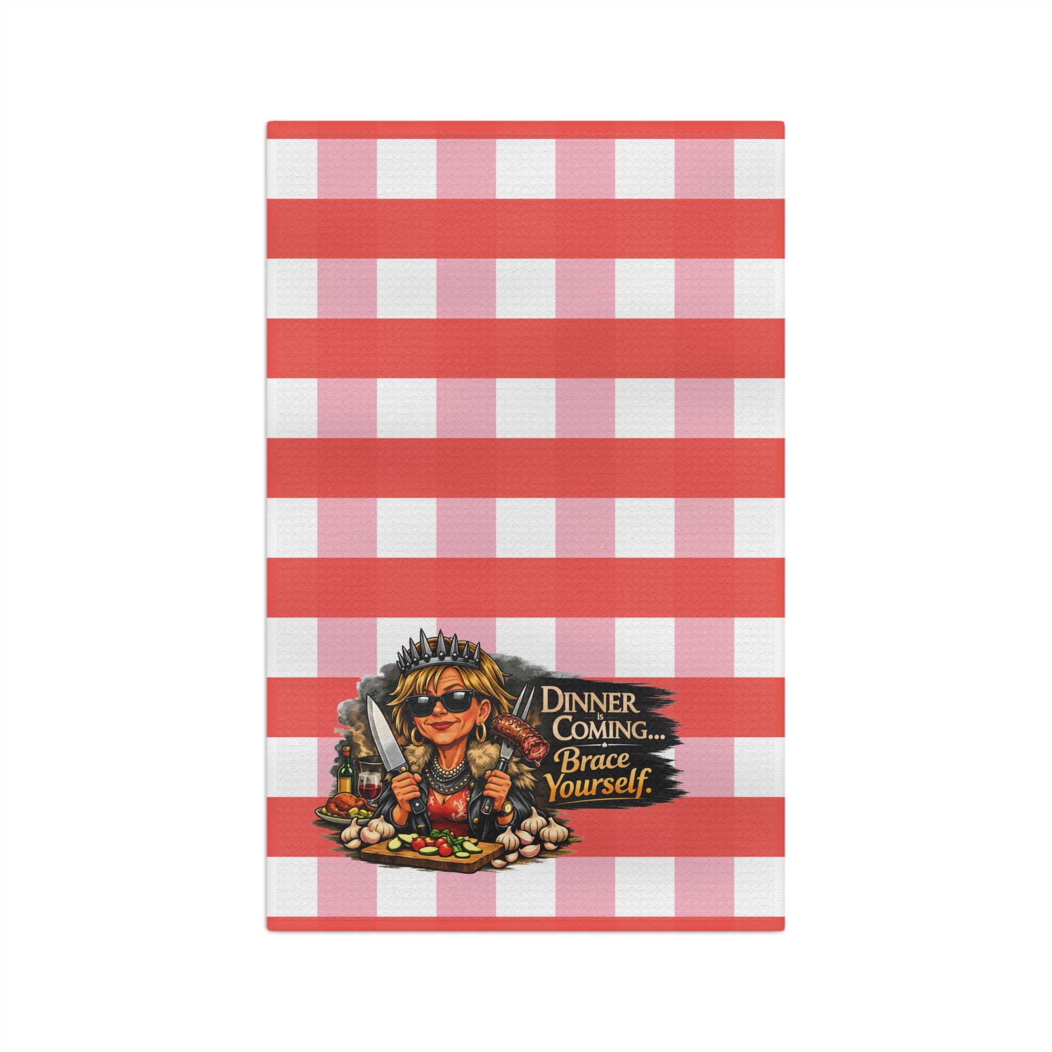 Dinner is Coming Tea Towel — Red Gingham Kitchen Towel with 'Dinner is Coming... Brace Yourself' Design