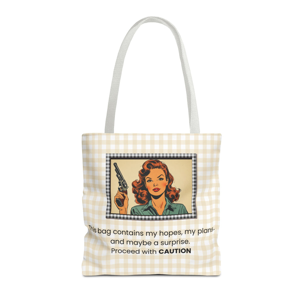 Retro Warning Tote Bag — "This bag contains my hopes, my plans, and maybe a surprise. Proceed with CAUTION"
