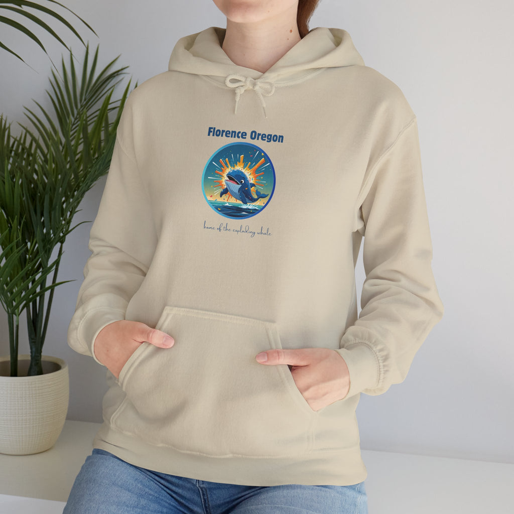 Florence Oregon Exploding Whale Hoodie — Scenic Beach Sunset Graphic Hooded Sweatshirt