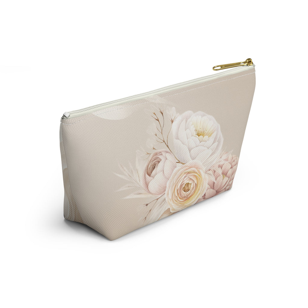 Neutral Tone Bride Floral Accessory Pouch — Bridal Makeup Bag with T‑Bottom