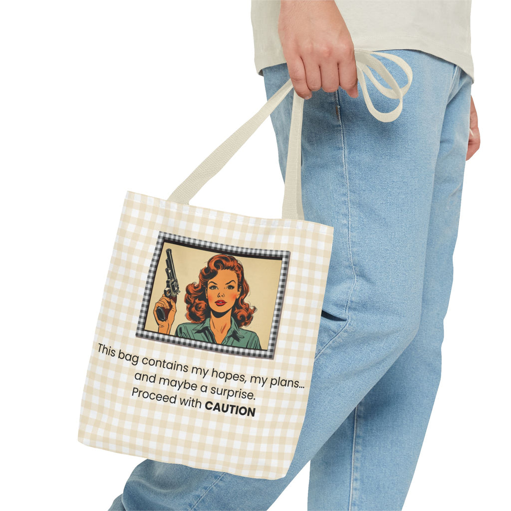 Retro Warning Tote Bag — "This bag contains my hopes, my plans, and maybe a surprise. Proceed with CAUTION"