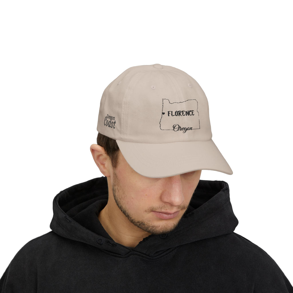 Florence Oregon Outline Dad Cap — Minimal State Map Baseball Hat