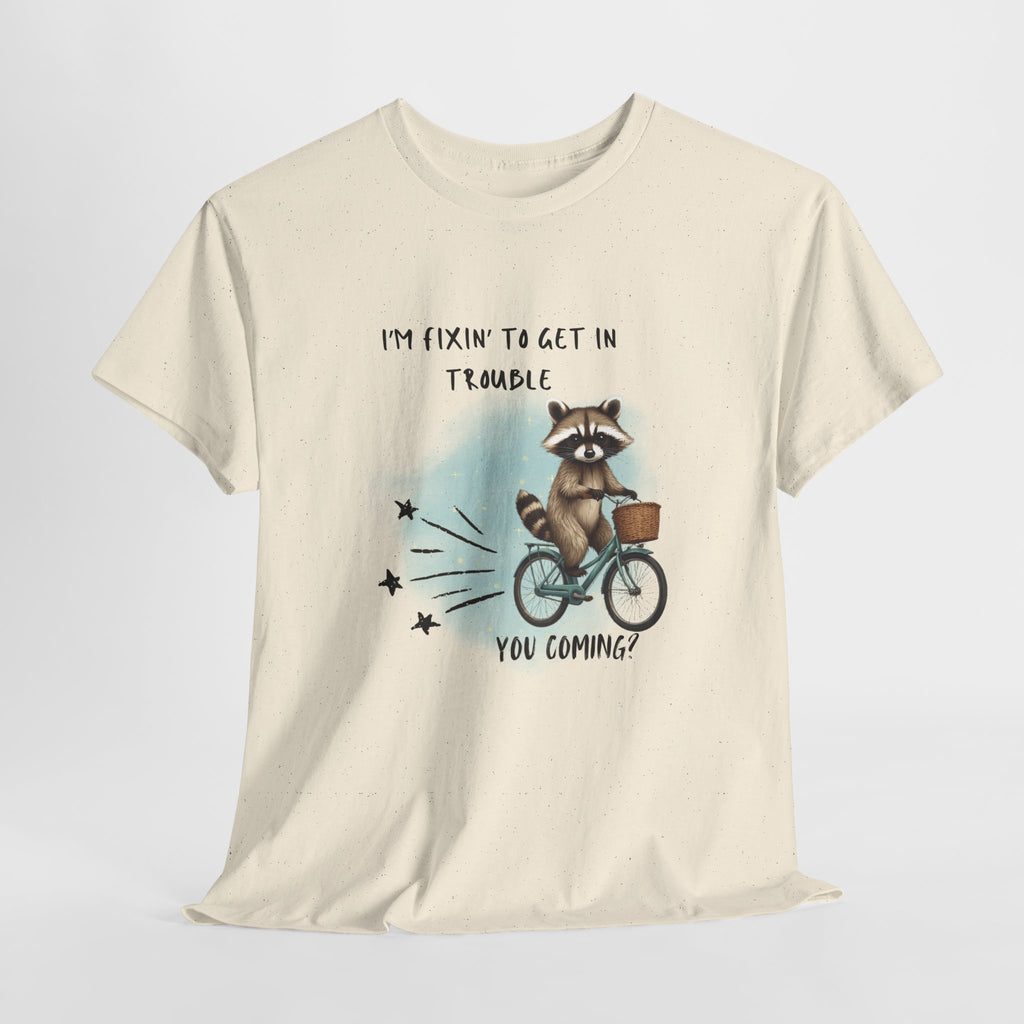 Raccoon on Bicycle Tee - "I'm Fixin' to Get in Trouble, You Coming?" Cute Funny Graphic T-Shirt
