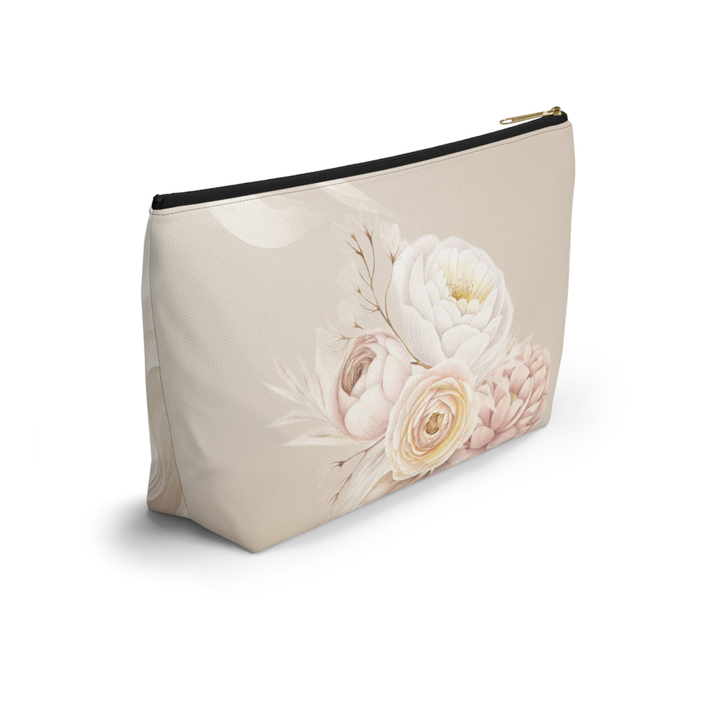 Neutral Tone Bride Floral Accessory Pouch — Bridal Makeup Bag with T‑Bottom
