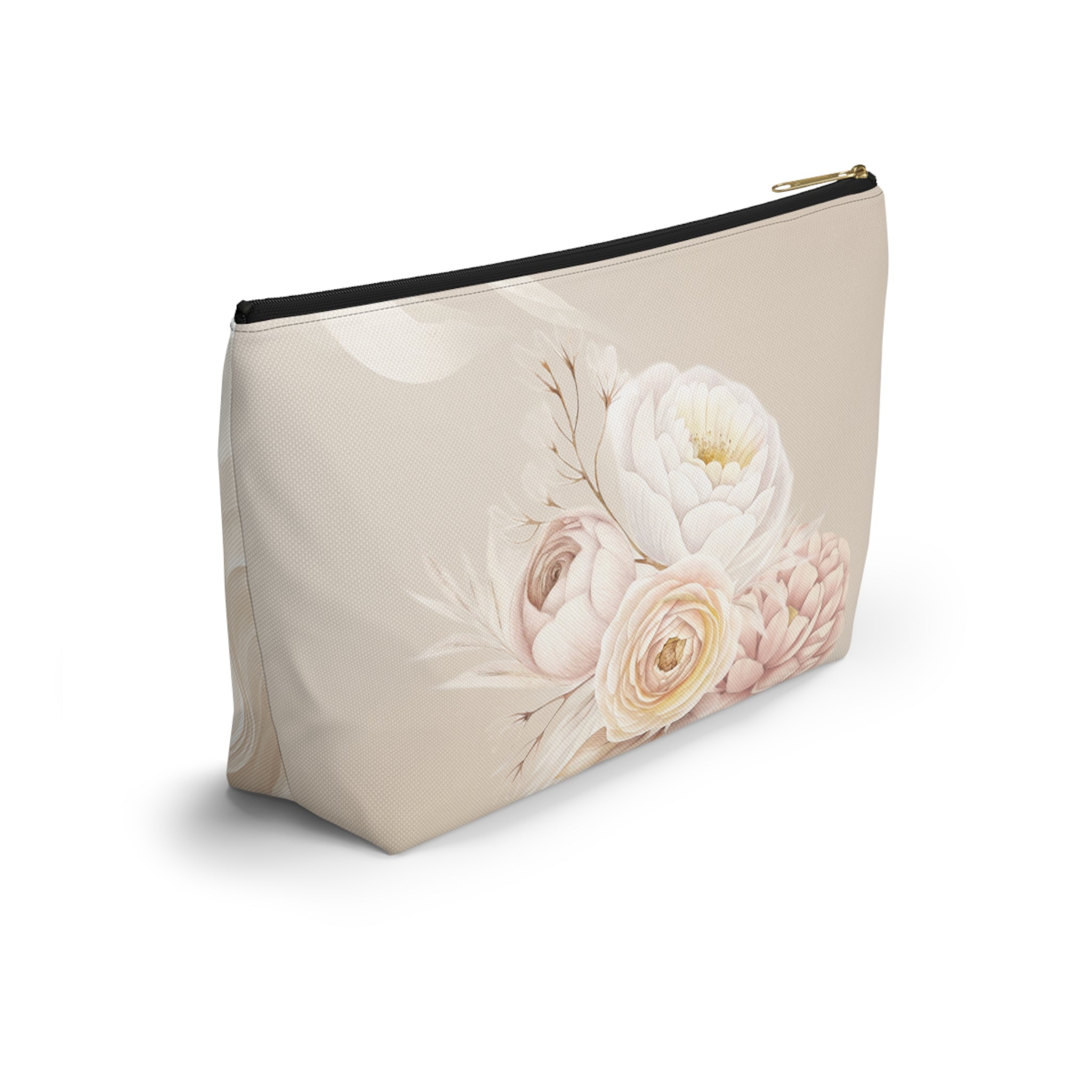 Neutral Tone Bride Floral Accessory Pouch — Bridal Makeup Bag with T‑Bottom