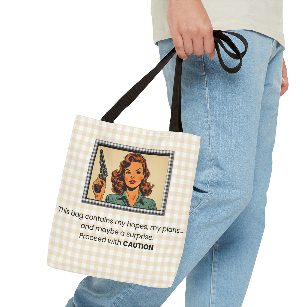 Retro Warning Tote Bag — "This bag contains my hopes, my plans, and maybe a surprise. Proceed with CAUTION"