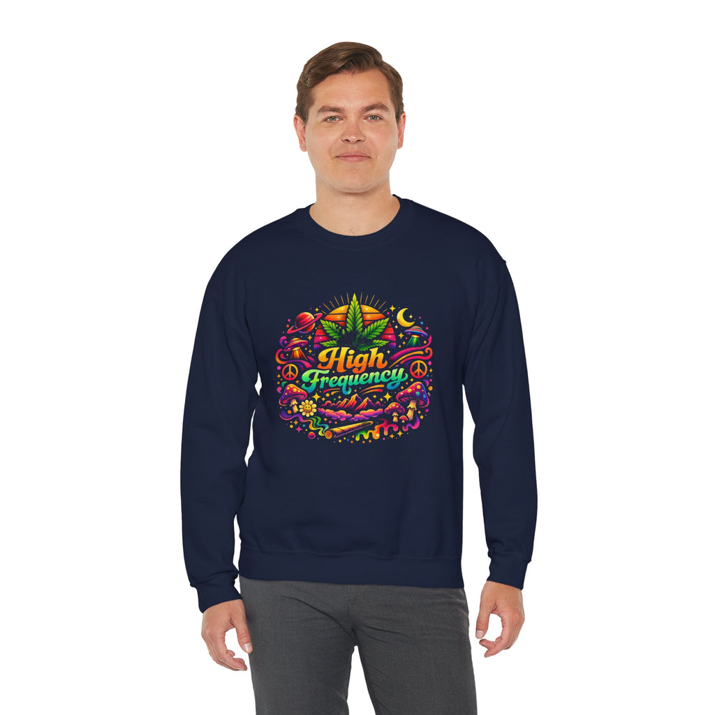 High Frequency Graphic Sweatshirt — Colorful Cannabis Leaf Vibe