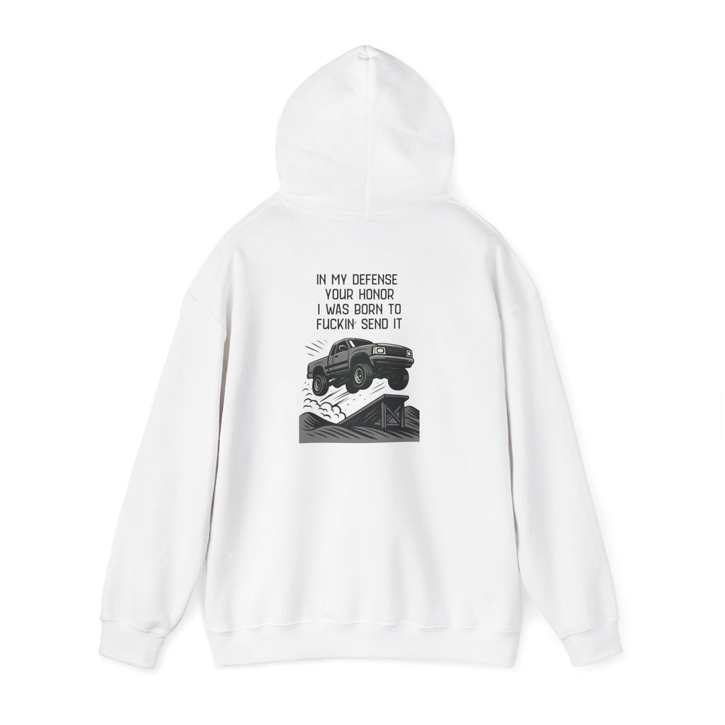 Hoodie — "In My Defense Your Honor" Truck Jump Graphic Pullover