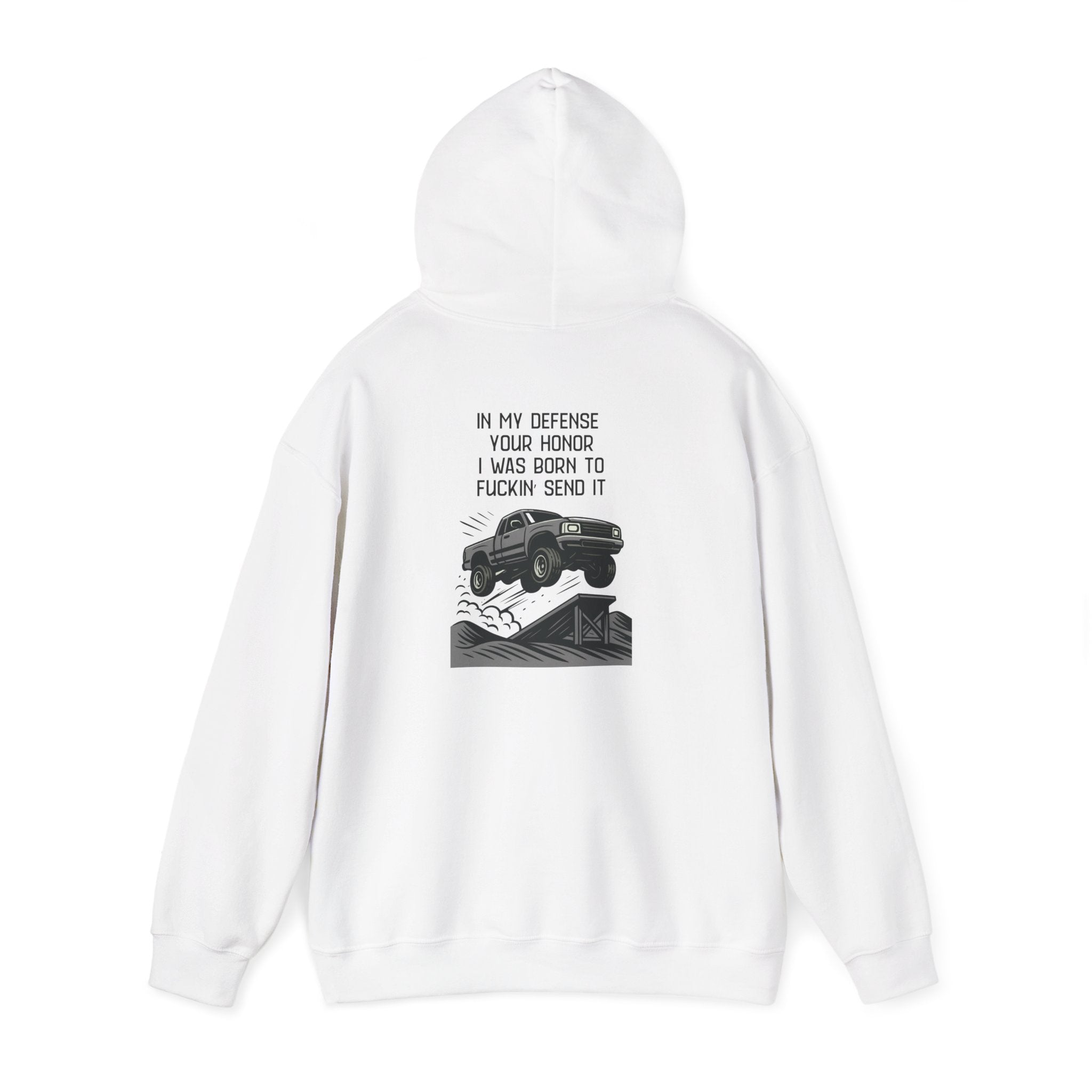 Hoodie — "In My Defense Your Honor" Truck Jump Graphic Pullover