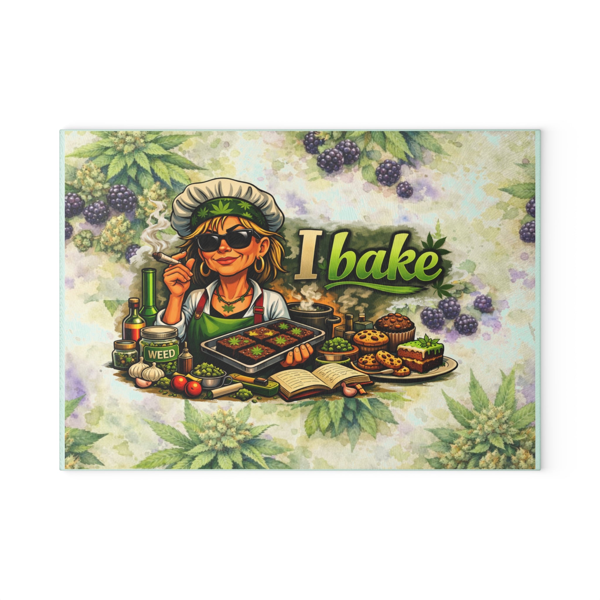 Glass Cutting Board — "I Bake" Weed-Themed Decorative Glass Chopping Board