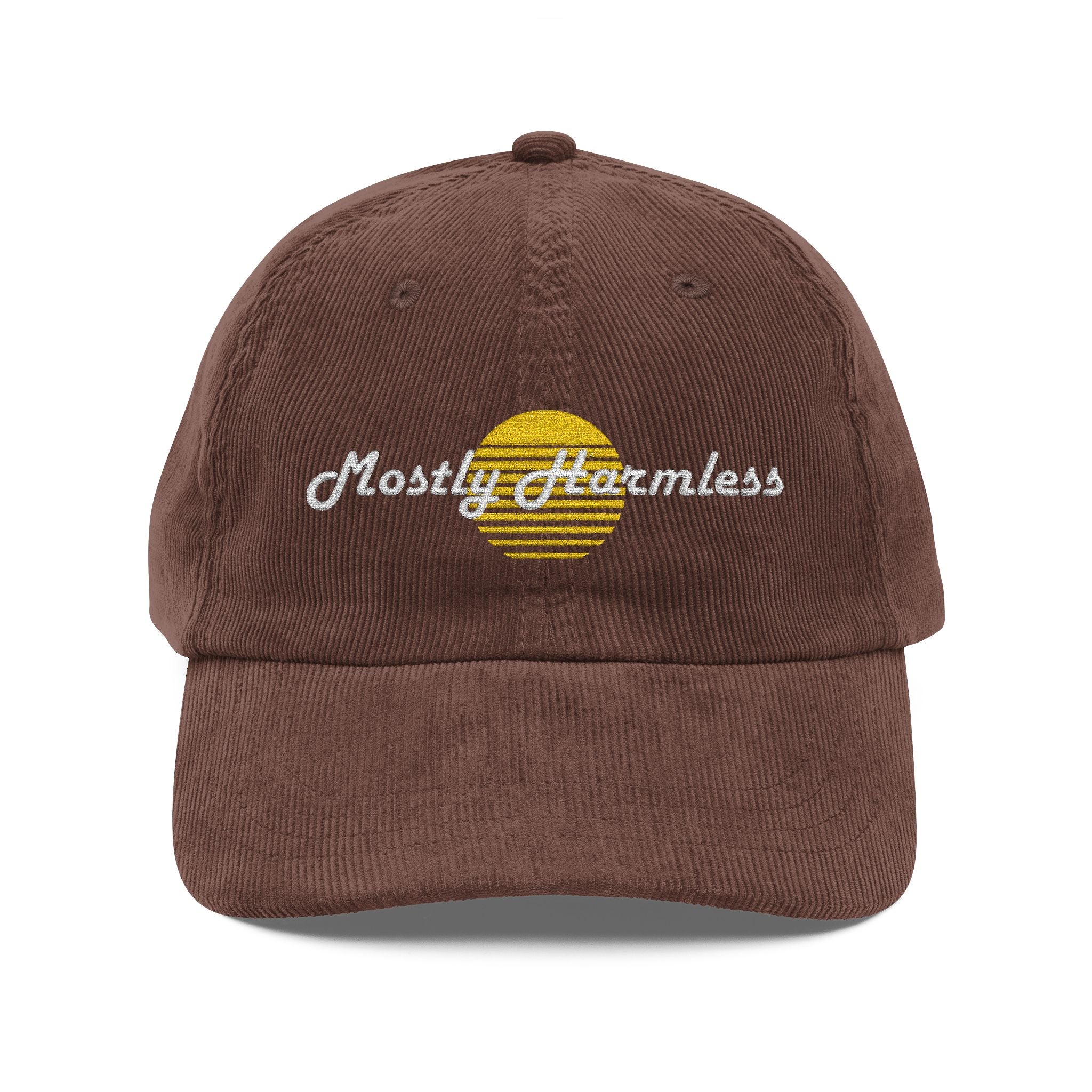 Mostly Harmless Embroidered Corduroy Cap — Vintage Sunset Baseball Hat