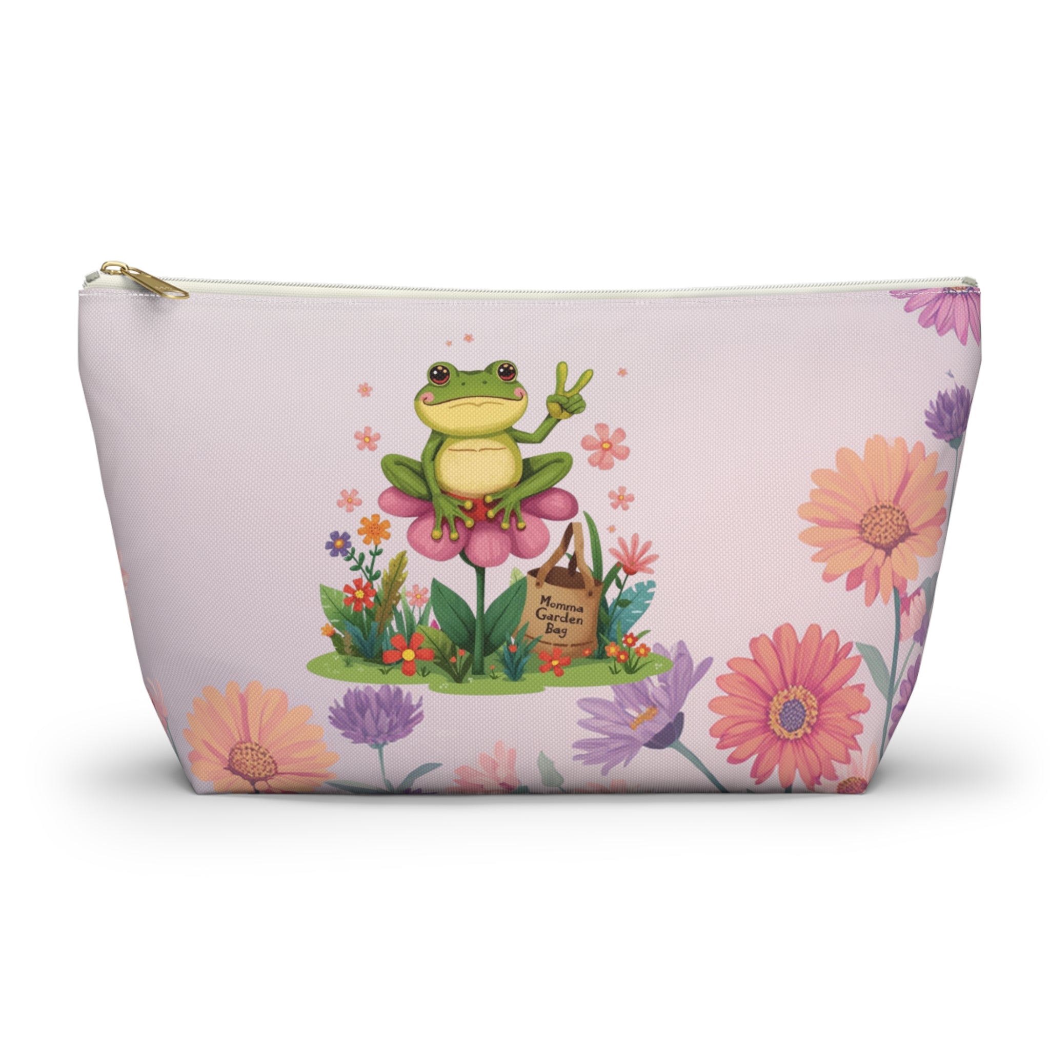 Frog in Bloom "Momma's Garden Bag" Floral Accessory Pouch — Cute Zippered Bag with T‑Bottom