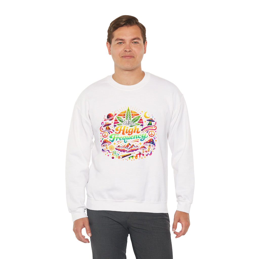 High Frequency Graphic Sweatshirt — Colorful Cannabis Leaf Vibe