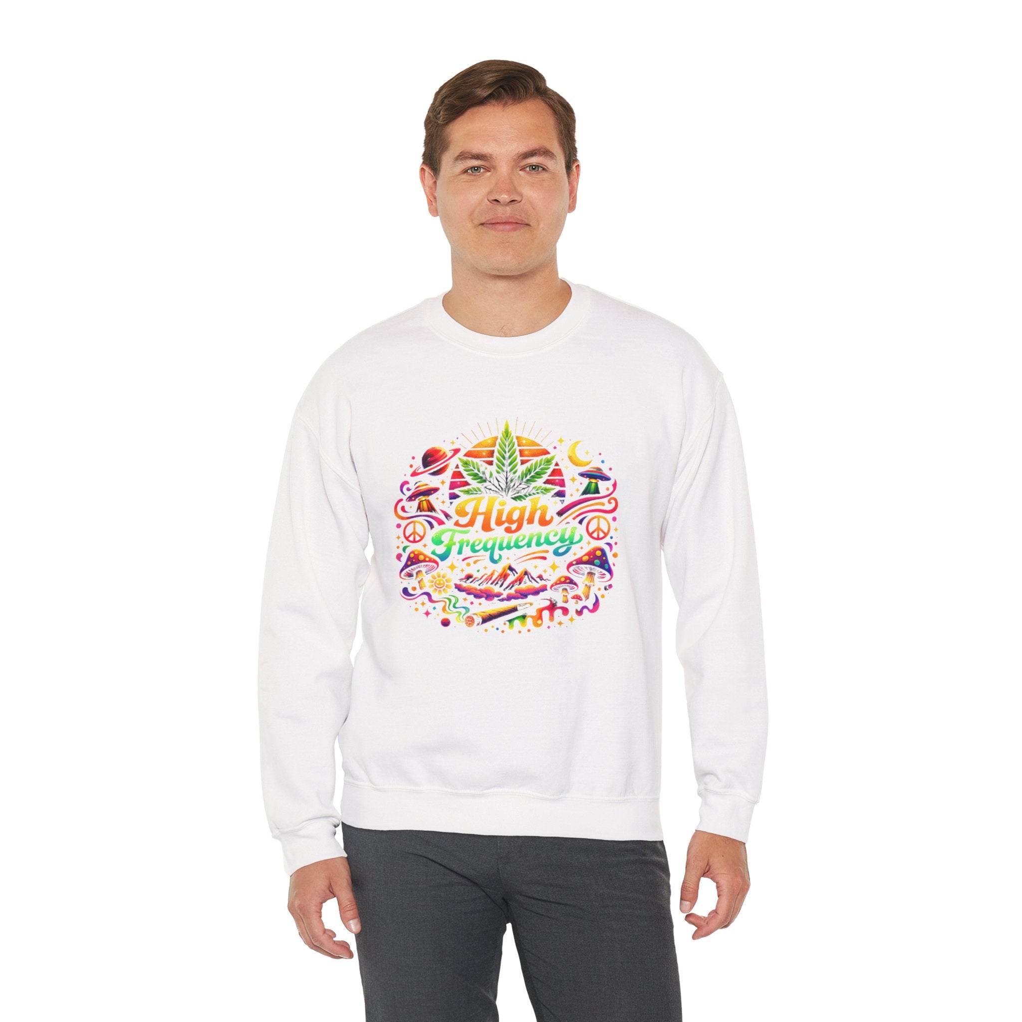 High Frequency Graphic Sweatshirt — Colorful Cannabis Leaf Vibe