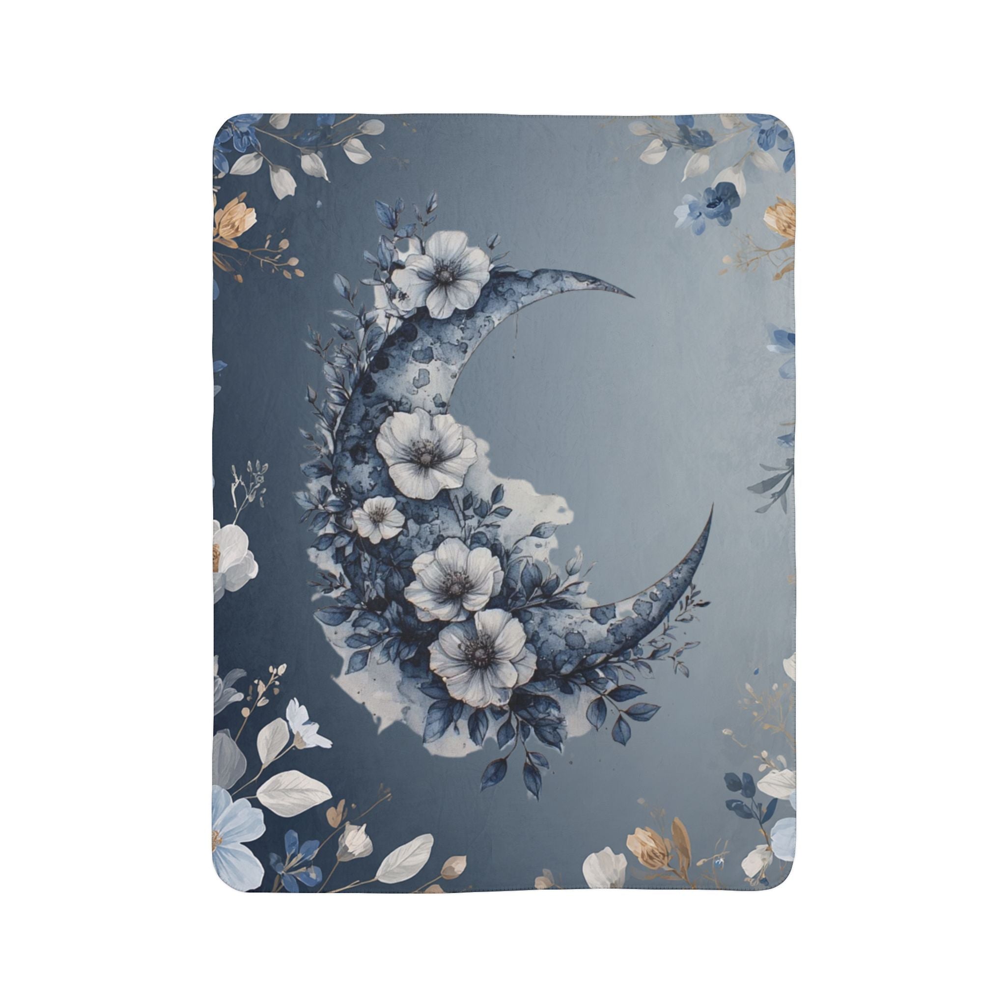 Moon Floral Sherpa Blanket — Blue Crescent Floral Fleece Throw