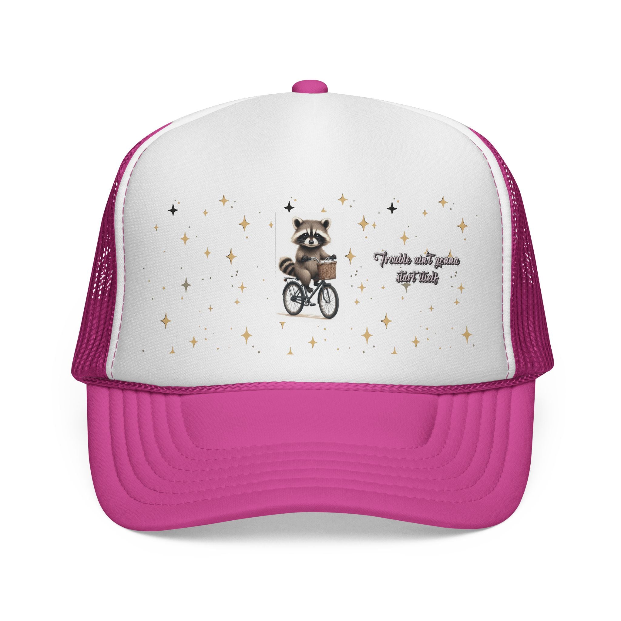 Trucker Cap — Cute Raccoon on Bike with 'Trouble Ain't Gonna Start Itself' Graphic