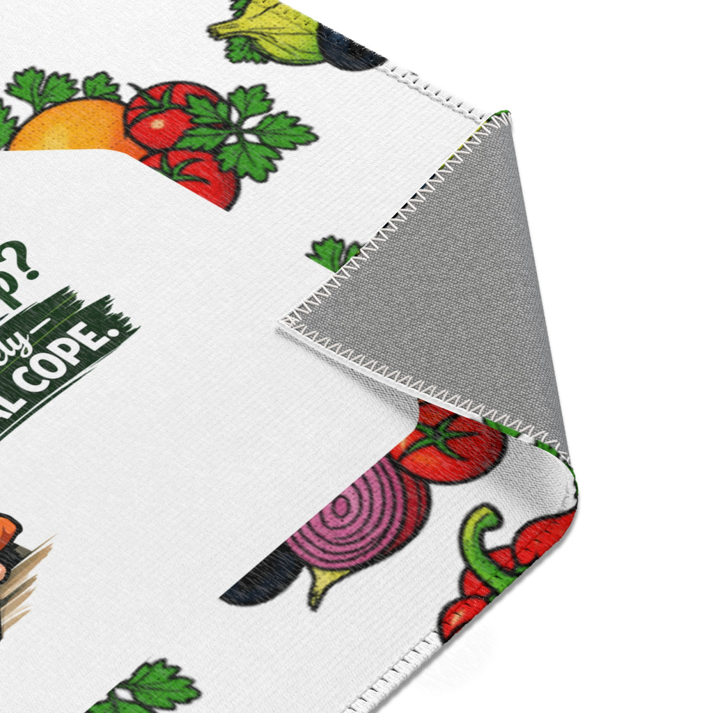 Meal Prep Area Rug — Funny 'Meal Prep? I Barely Meal Cope' Kitchen Mat with Veggie Pattern