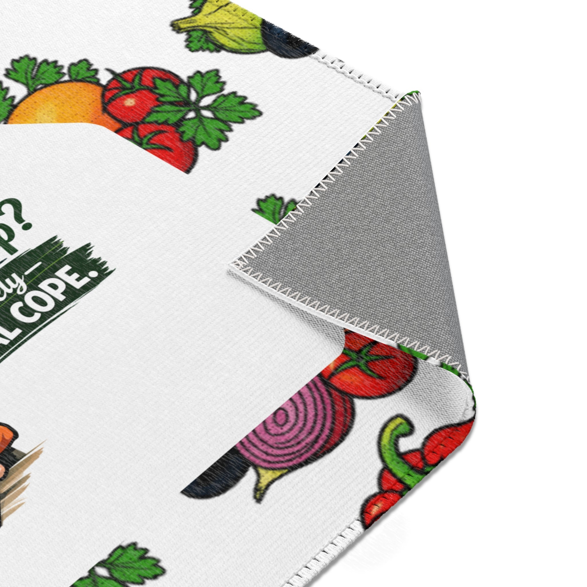 Meal Prep Area Rug — Funny 'Meal Prep? I Barely Meal Cope' Kitchen Mat with Veggie Pattern