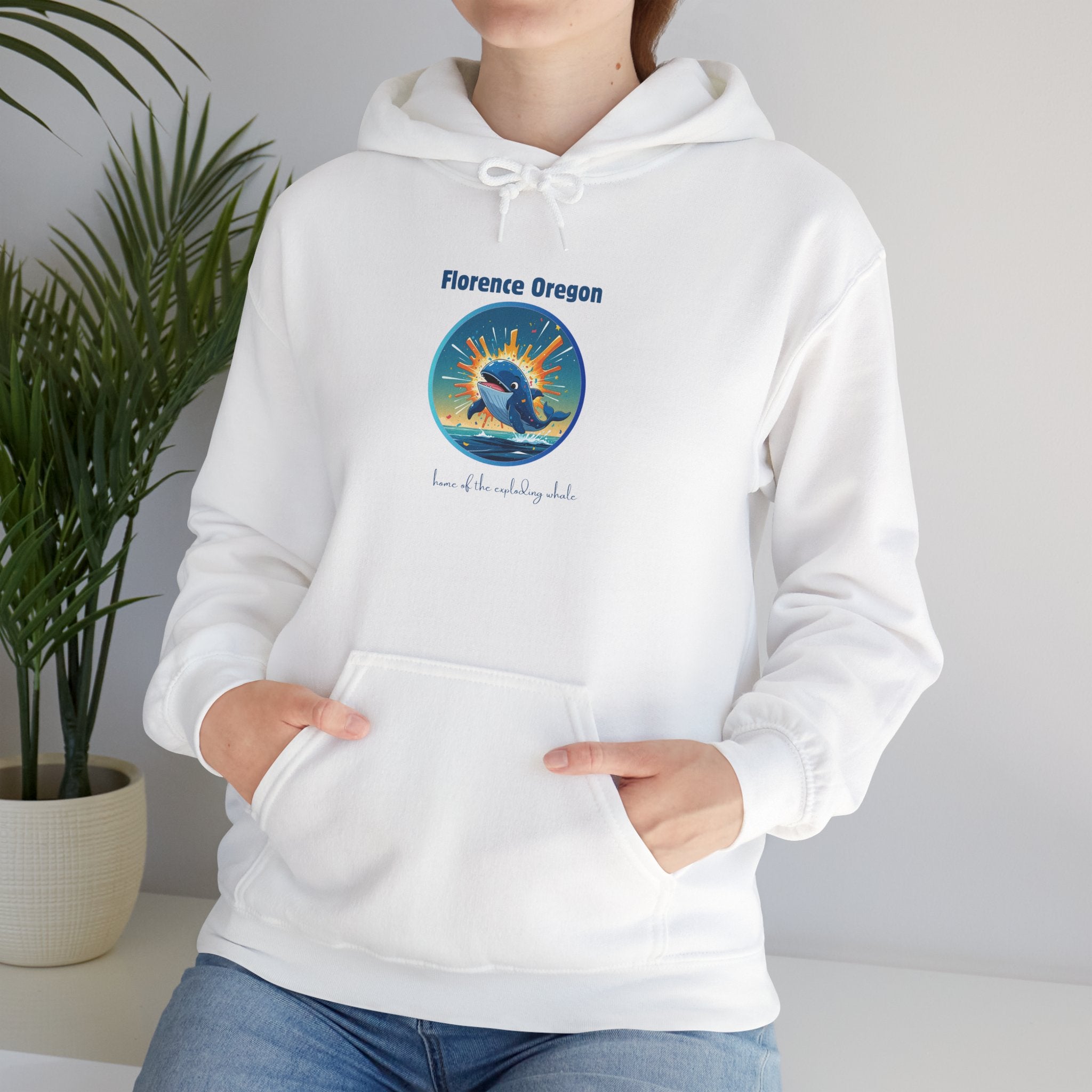 Florence Oregon Exploding Whale Hoodie — Scenic Beach Sunset Graphic Hooded Sweatshirt