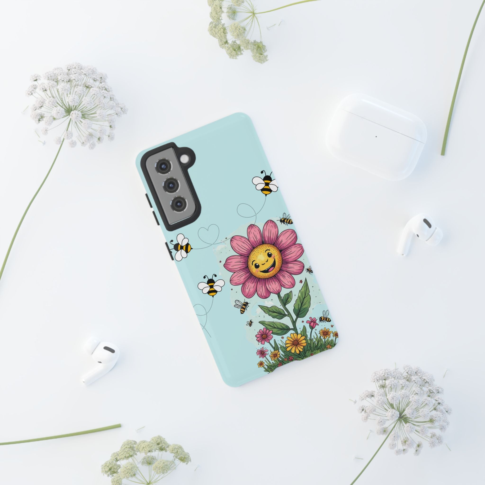 Cute Bee & Smiley Flower Phone Case — Floral Garden Protective Cover
