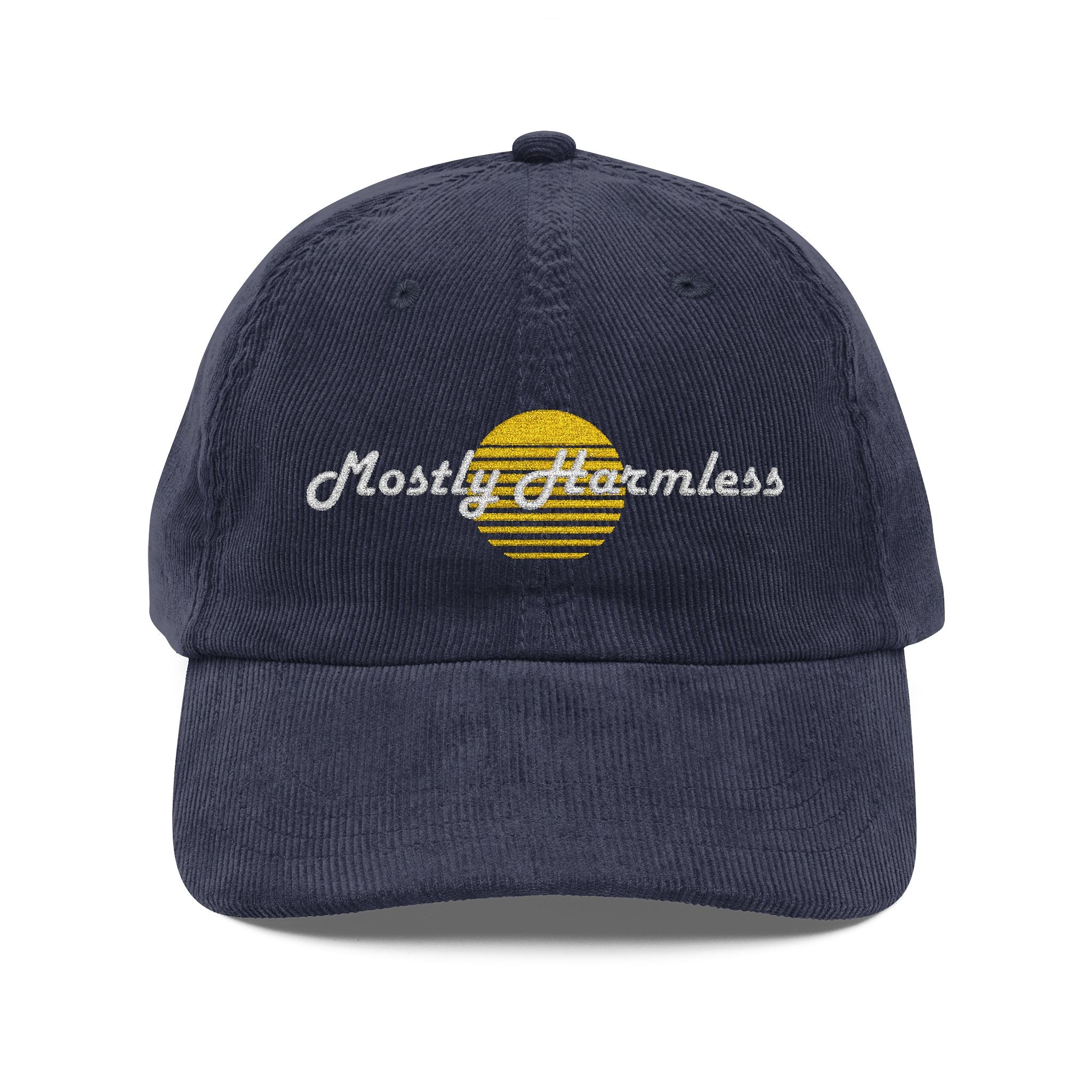 Mostly Harmless Embroidered Corduroy Cap — Vintage Sunset Baseball Hat