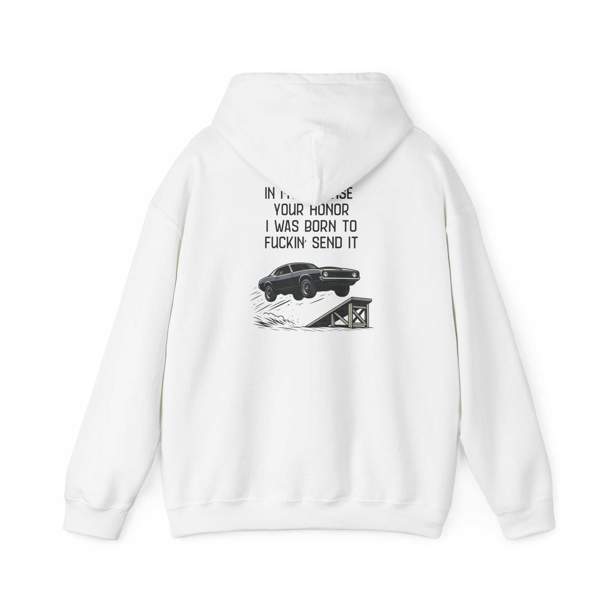Hoodie — "In My Defense Your Honor I Was Born to Fuckin' Send It" Graphic Hoodie