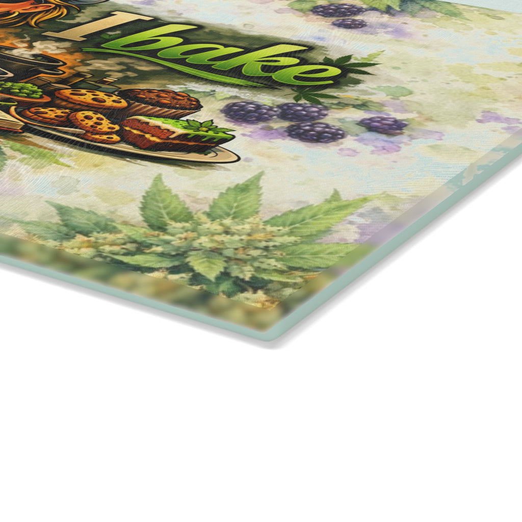 Glass Cutting Board — "I Bake" Weed-Themed Decorative Glass Chopping Board