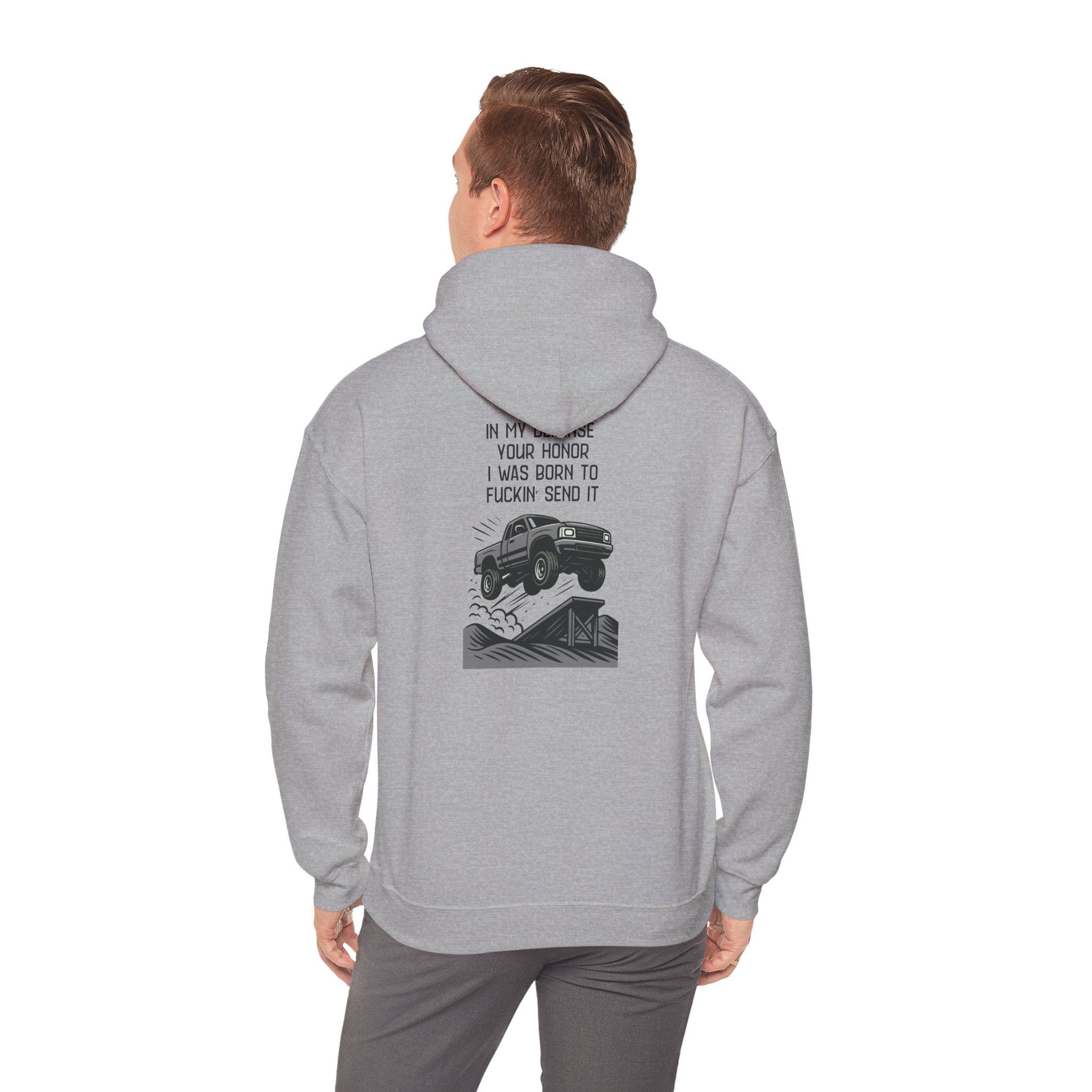 Hoodie — "In My Defense Your Honor" Truck Jump Graphic Pullover