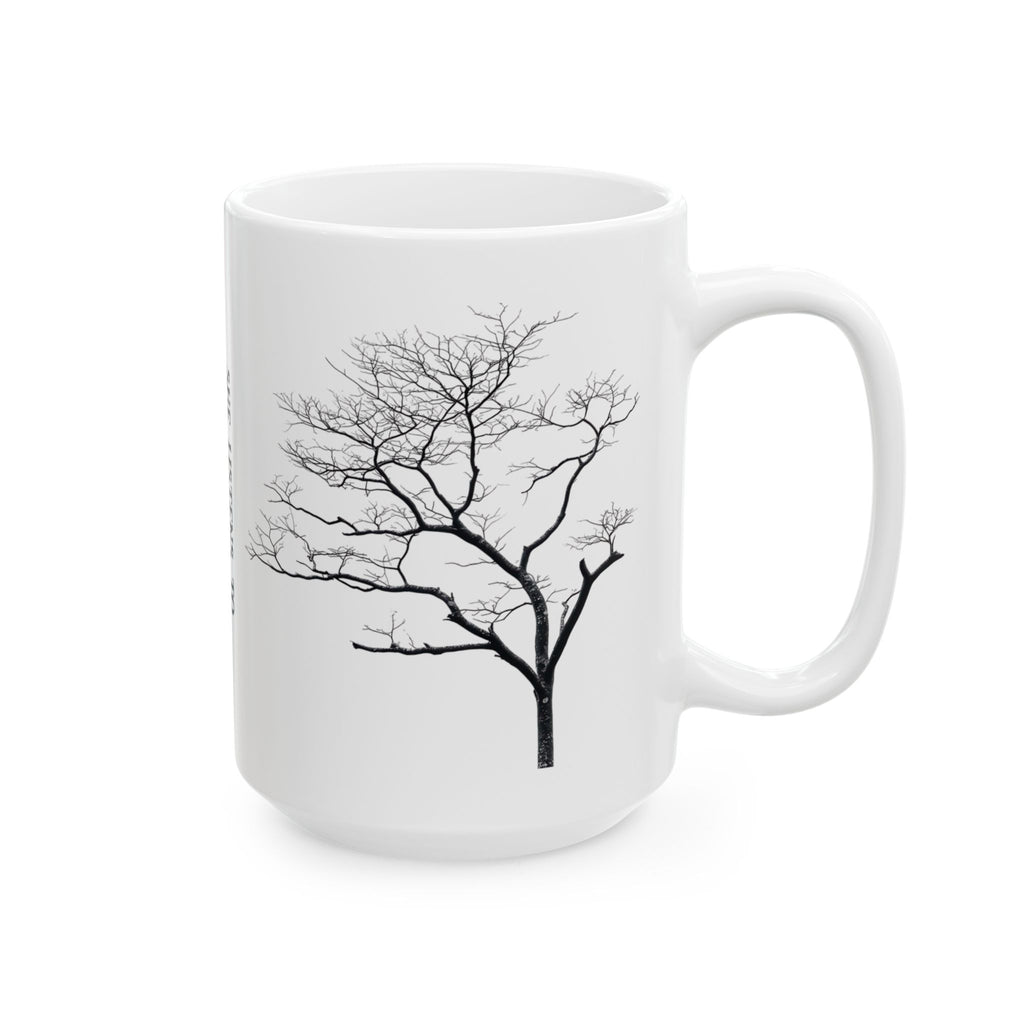 She Listens to the Silence Between the Trees Ceramic Mug — Nature Lover Coffee Cup (15oz)
