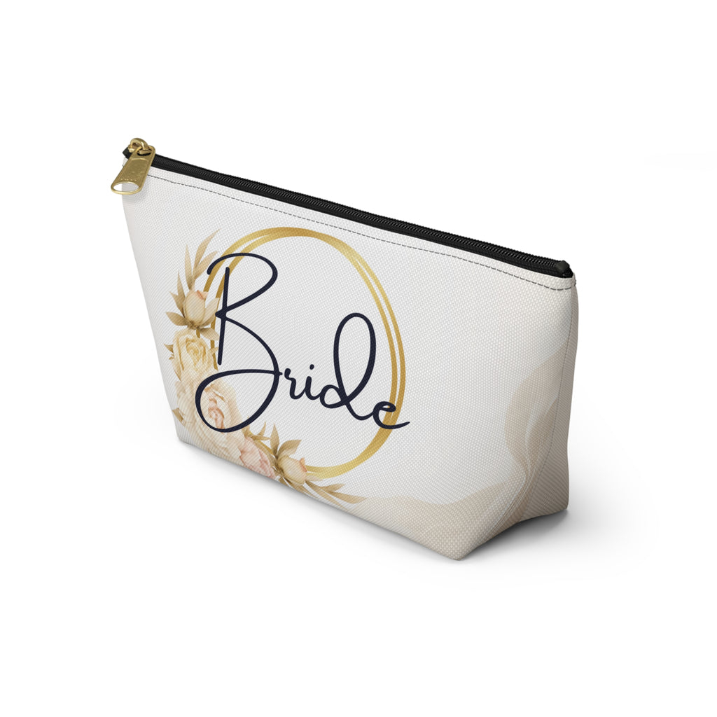 Neutral Tone Bride Floral Accessory Pouch — Bridal Makeup Bag with T‑Bottom
