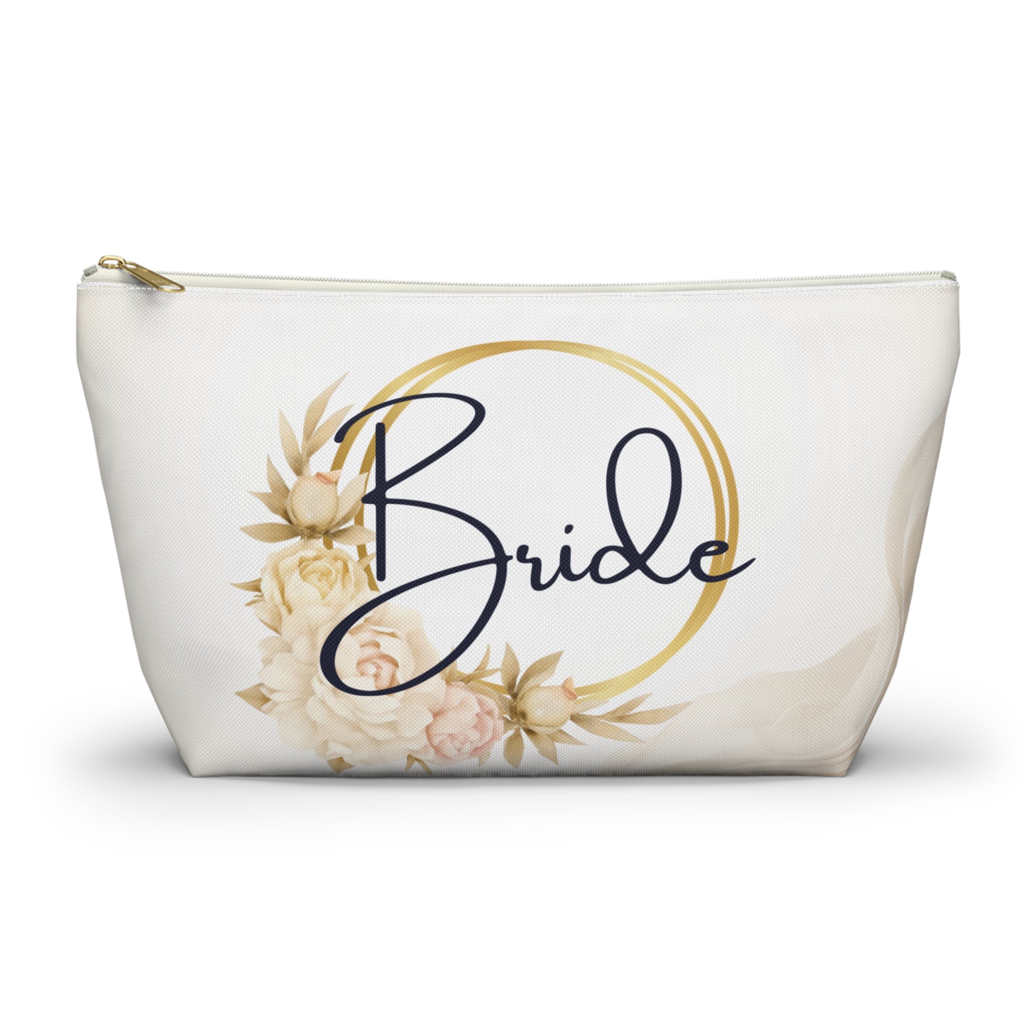 Neutral Tone Bride Floral Accessory Pouch — Bridal Makeup Bag with T‑Bottom