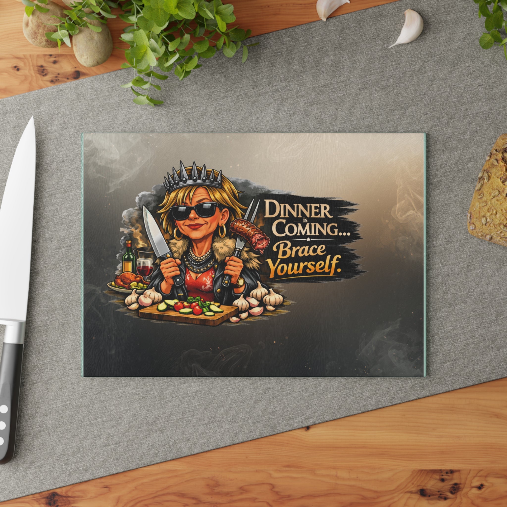 Glass Cutting Board — "Dinner is Coming… Brace Yourself" Kitchen Cutting Board