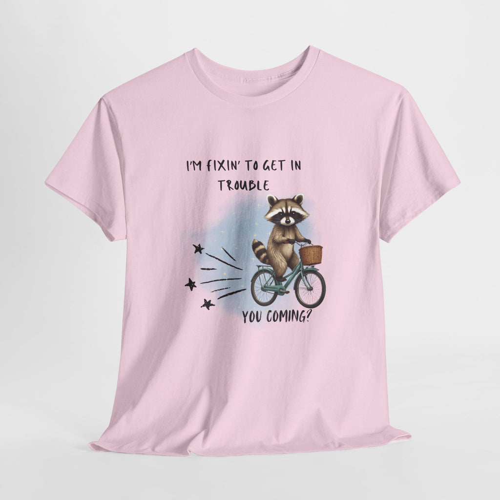 Raccoon on Bicycle Tee - "I'm Fixin' to Get in Trouble, You Coming?" Cute Funny Graphic T-Shirt