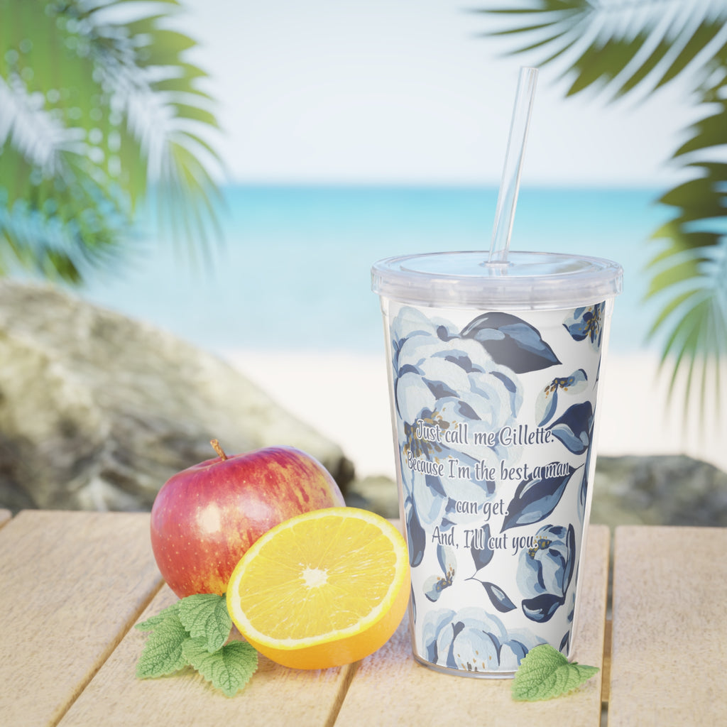 Blue Floral Insulated Tumbler with Straw — "Call Me Gillette" Quote