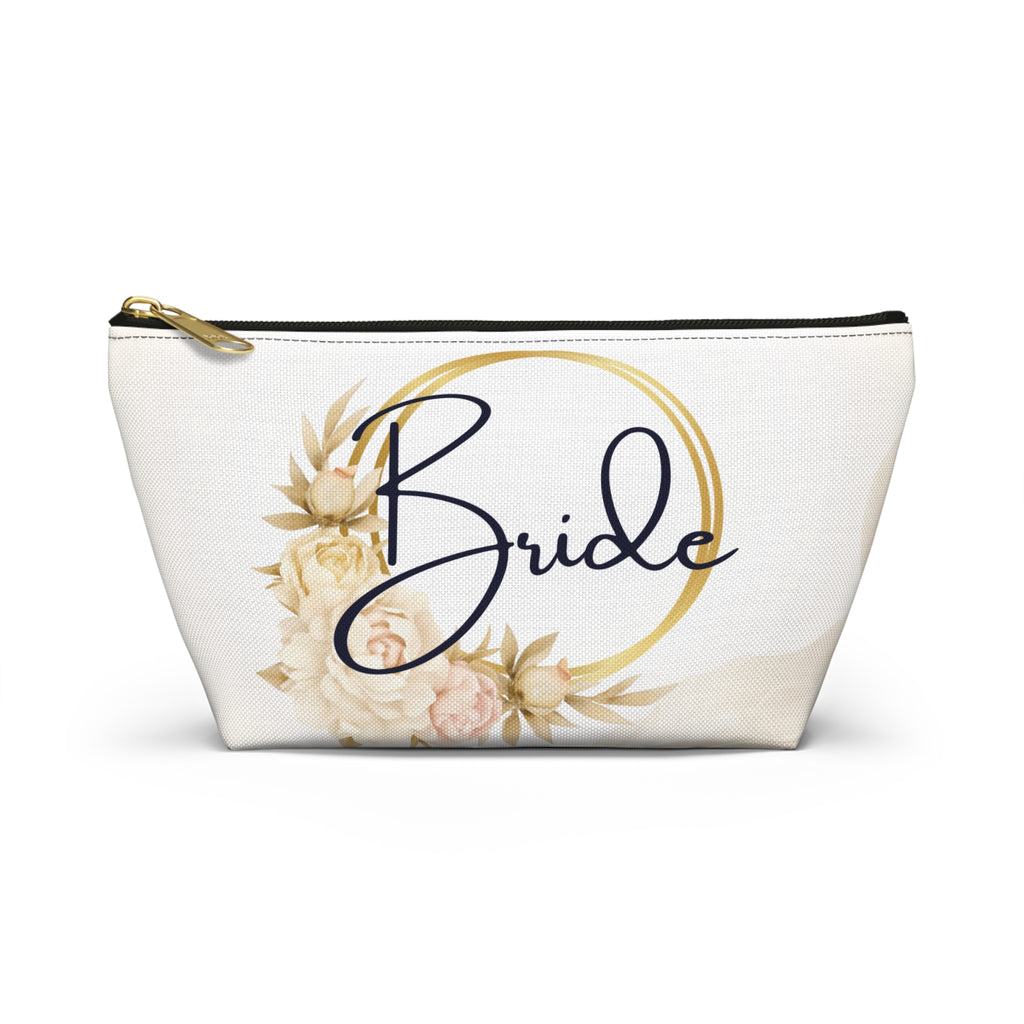 Neutral Tone Bride Floral Accessory Pouch — Bridal Makeup Bag with T‑Bottom