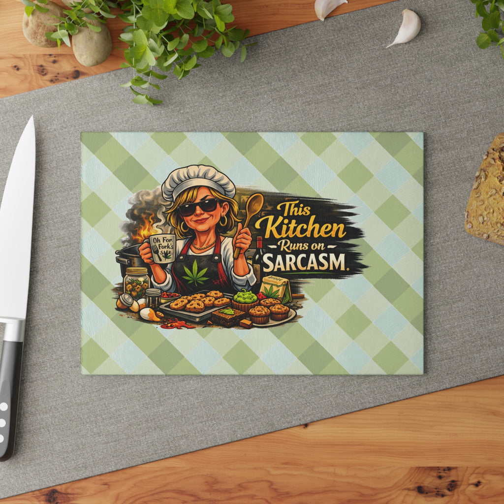 Glass Cutting Board — "This Kitchen Runs on Sarcasm" Green Gingham Funny Chef Design