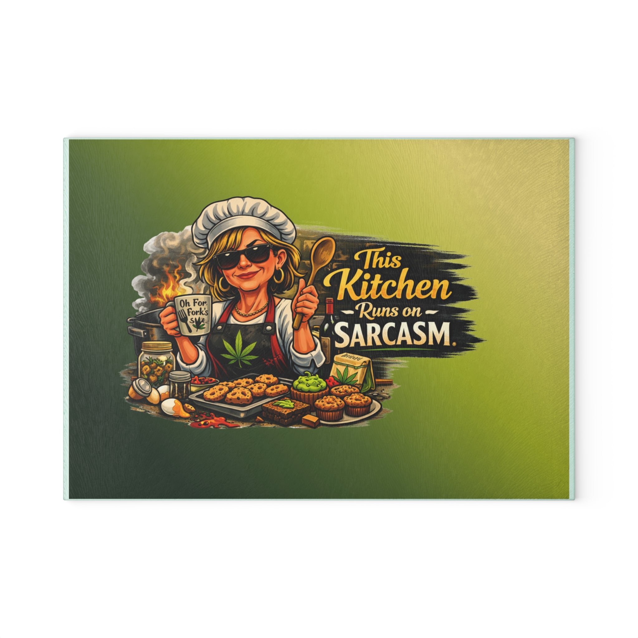 Glass Cutting Board — "This Kitchen Runs on Sarcasm" Chef Design