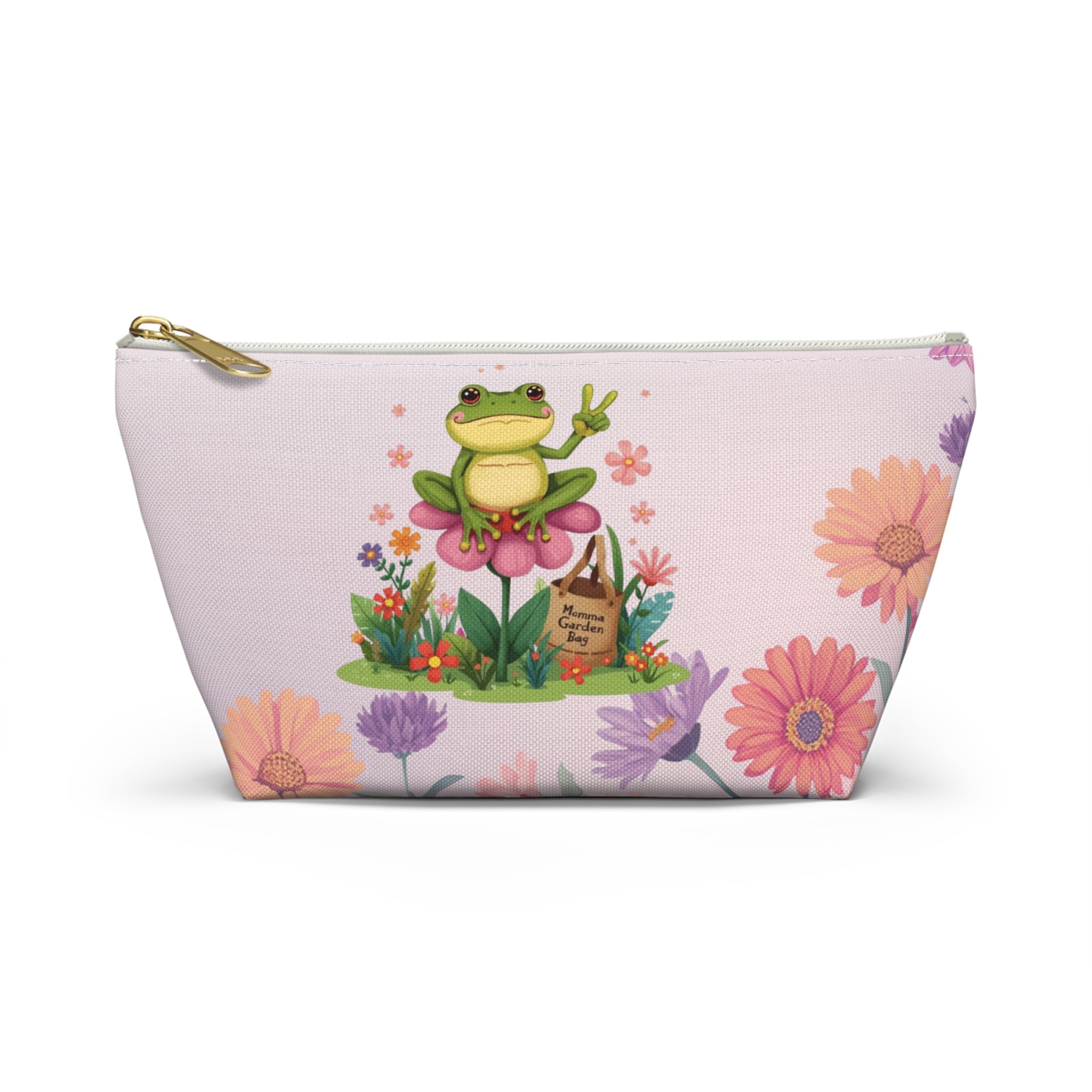 Frog in Bloom "Momma's Garden Bag" Floral Accessory Pouch — Cute Zippered Bag with T‑Bottom
