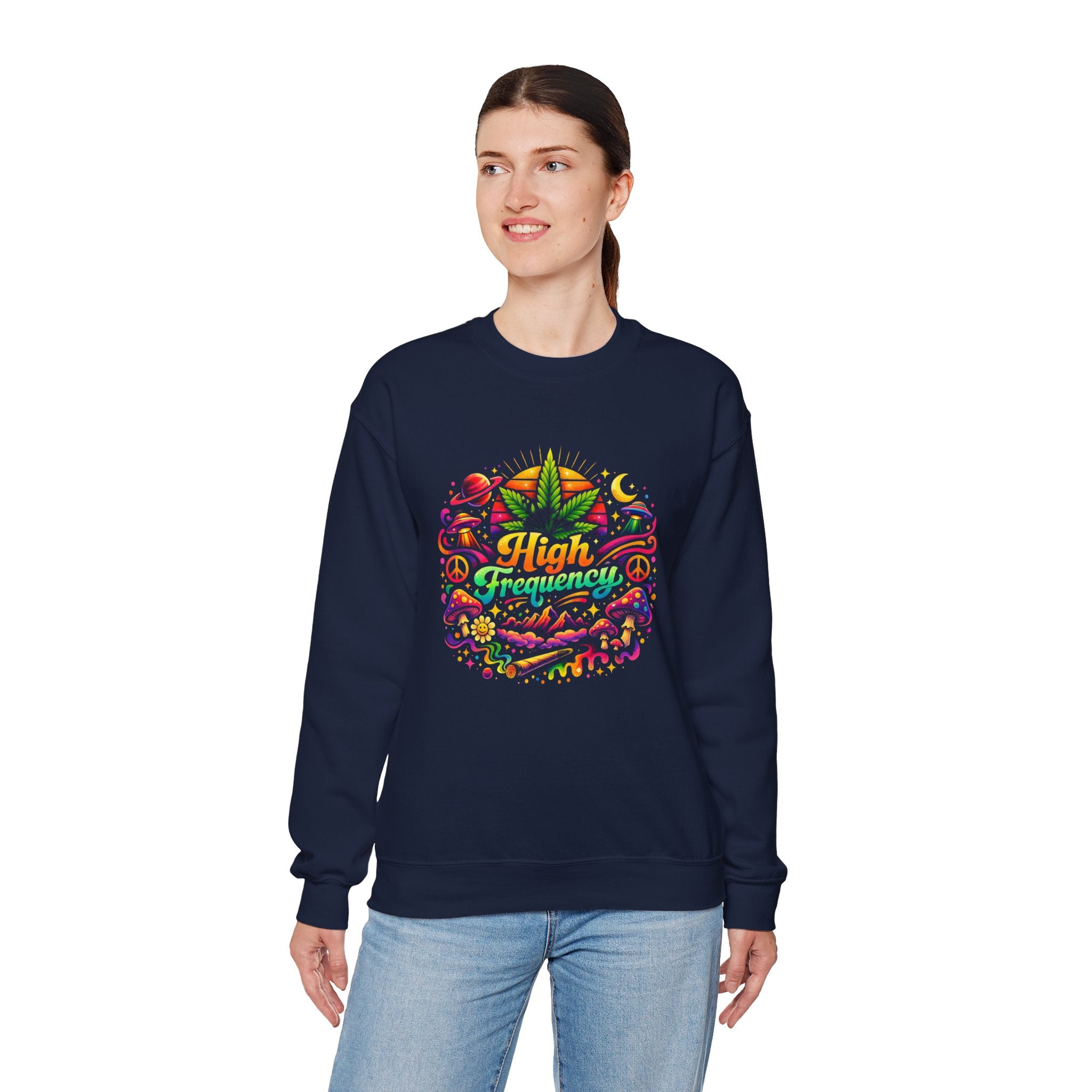 High Frequency Graphic Sweatshirt — Colorful Cannabis Leaf Vibe