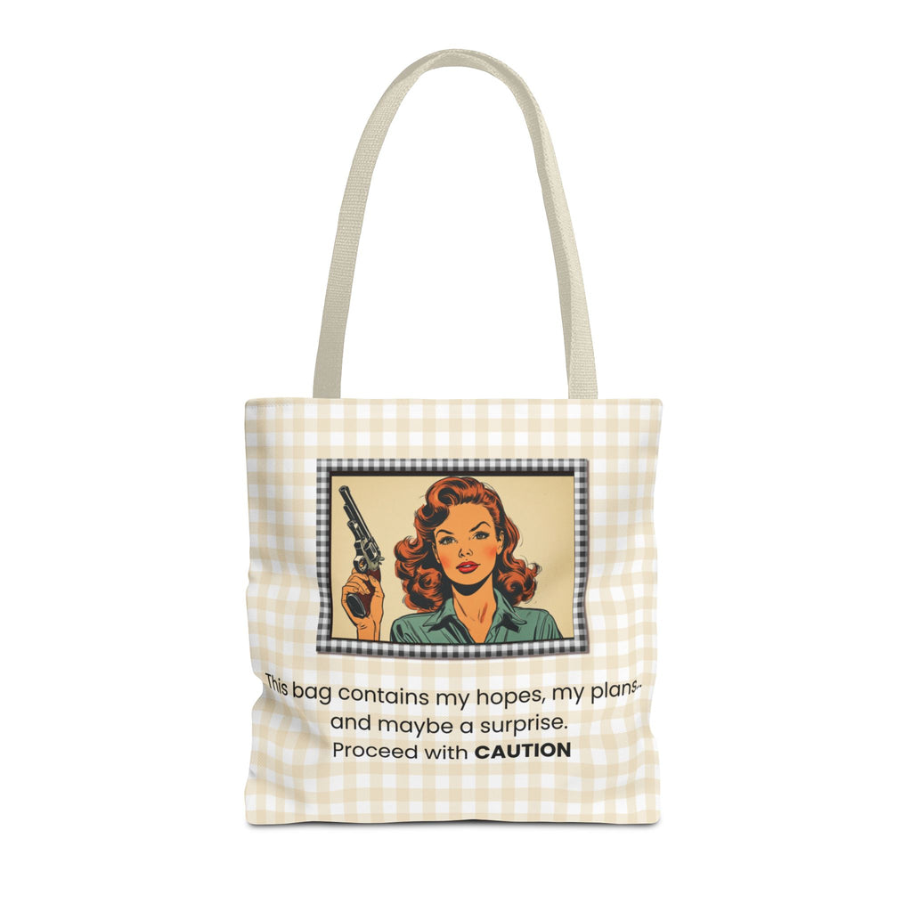 Retro Warning Tote Bag — "This bag contains my hopes, my plans, and maybe a surprise. Proceed with CAUTION"